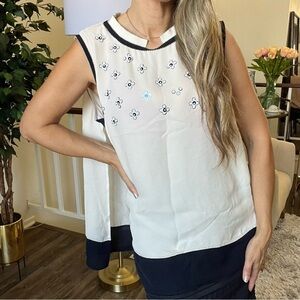 Rena Lange Fashion Show Vintage Silk Cream Blue Sleeveless Floral Embroidered XL